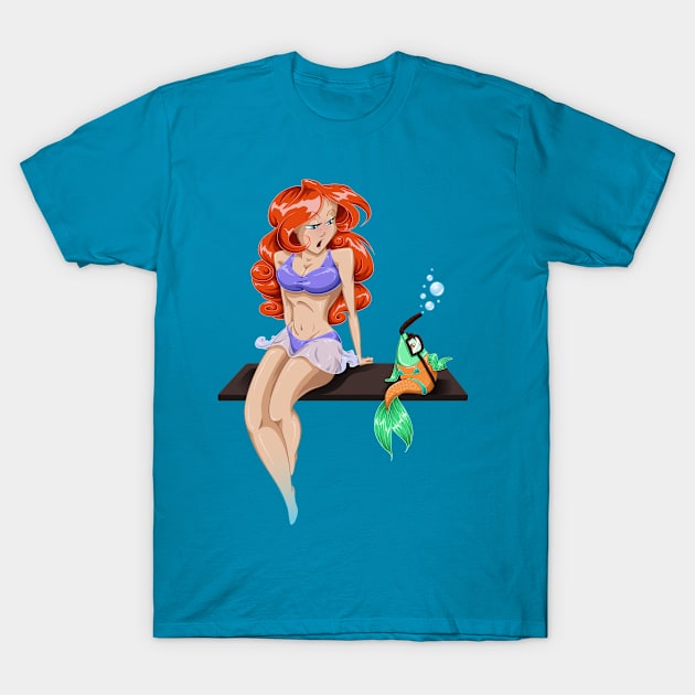 Woman And Fish Talking At The Pool T-Shirt by LironPeer